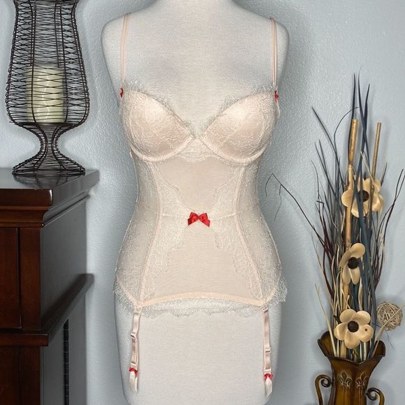 Victoria’s Secret Peach Lace Push Up Garter Corset‎ Slip Size 34C - Picture 1 of 13